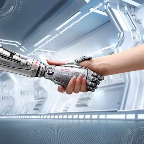 Mulher apertando a mão de um robô